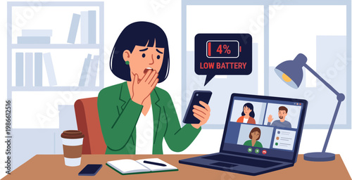 Woman worriedly checks her phone during a video conference at her desk.