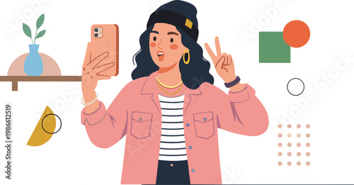 Woman taking a selfie with peace sign in a room with colorful shapes and decor