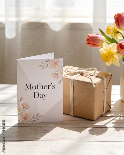 Mother’s Day gift box with card soft light lifestyle mockup
