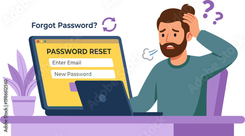 Man sitting at desk struggles with password reset on laptop computer