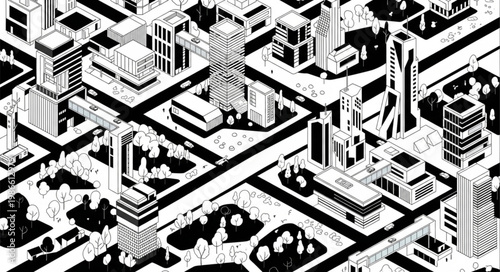 Isometric Cityscape Black and White Illustration.