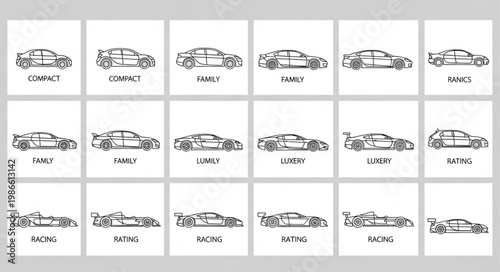 Collection of Hand Drawn Sports Car Silhouettes with Names.