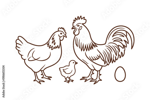 Chicken family with rooster hen chick and egg line art vector illustration.