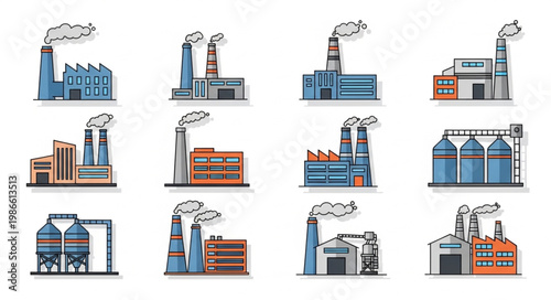 Collection of Industrial Factory Buildings with Smoke Stacks.