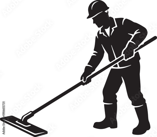 vector of a worker smoothing wet concrete with a long handled float