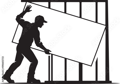 vector silhouette of a drywall installer holding a large sheet of drywall against a frame