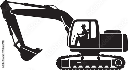 vector of a heavy equipment operator sitting in the cabin of an excavator, moving the bucket, png