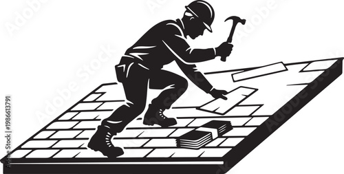 vector of a roofer hammering shingles onto a sloped roof surface, png , silhouette vector