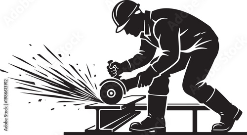 vector of a worker using an angle grinder, cutting through metal with sparks flying