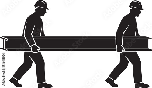 bold black and white silhouette of two workers carrying a heavy steel I beam together