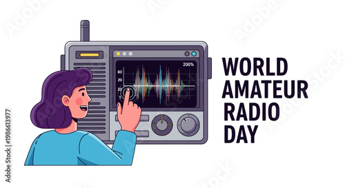 A vector illustration depicting World Amateur Radio Day shows a woman operating a radio with an antenna signal transmission, set against a clean white background that highlights the amateur