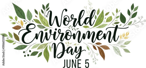 World Environment Day, eco friendly, green leaves, June 5, environmental awareness, vector illustration