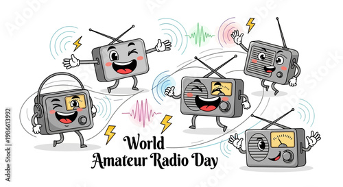 Cartoon-style illustration featuring anthropomorphic radios with smiling faces and antennas, celebrating World Amateur Radio Day with playful poses and radiating wireless communication