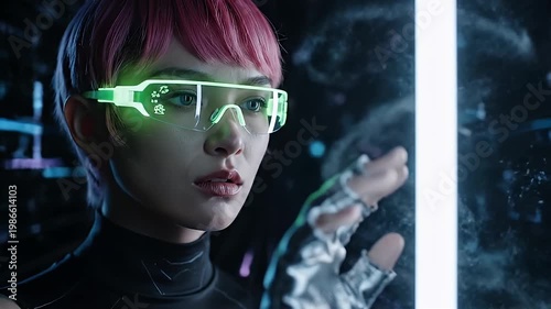 Wallpaper Mural Young woman wearing glowing futuristic glasses in a dark tech environment Torontodigital.ca
