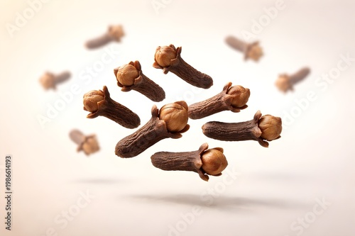 Floating clove spices with soft shadows, minimal surreal composition, clean background, modern food concept