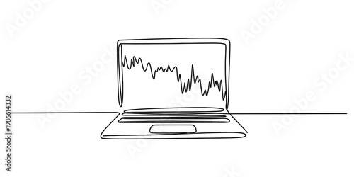 Continuous line drawing of a laptop computer with a fluctuating line graph on its display screen Vector, illustration