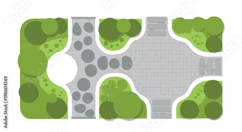 Landscape design plan vector, top view garden layout with stone paving and green bushes, architectural site map for backyard landscaping projects