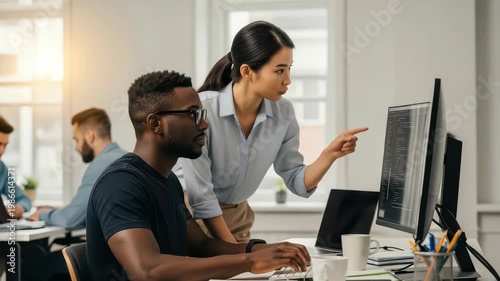 Diverse Team Is Collaborating In Office Female Colleague Points To Code On Monitor While Assisting Male Coworker Who Is Working At Computer In Office Environment The Background Shows