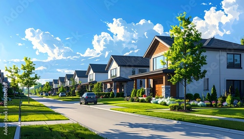 A sunny suburban street with modern houses and green lawns