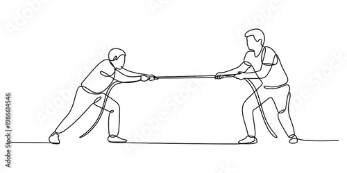 Continuous one line drawing of two men playing tug of war game competition concept Vector, illustration