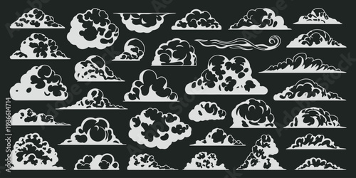 Cloud, weather, icon set, 30 white cloud illustrations, black background, vector graphics