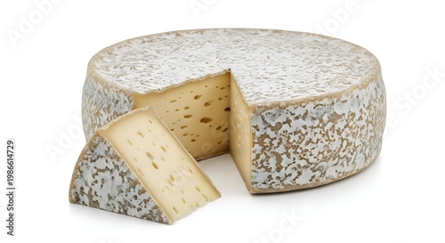 A wheel of artisanal cheese with slices.