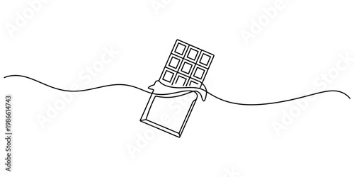 Continuous line drawing of a chocolate bar with wrapper partially open on a white background. Vector, illustration