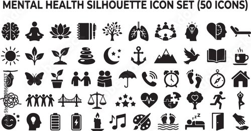 Black and white mental health silhouette set with diverse symbols and figures therapy psychology