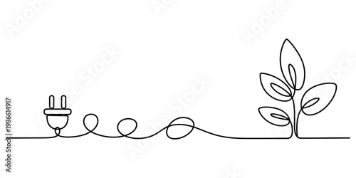 Photos Continuous line drawing of an electrical plug connected to a growing plant for g