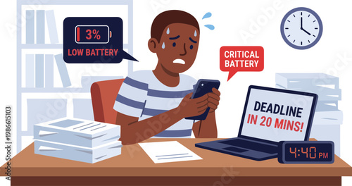 A man sits at a cluttered desk, stressed about a looming deadline while checking his phone with a low battery.