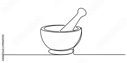 Continuous line drawing of a mortar and pestle for grinding spices or medicine. Vector, illustration