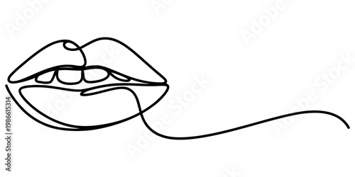 Minimalist continuous line drawing of a human mouth with slightly parted lips and visible teeth Vector, illustration