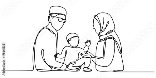 Continuous line drawing of a happy muslim family with a child on a white background Vector, illustration