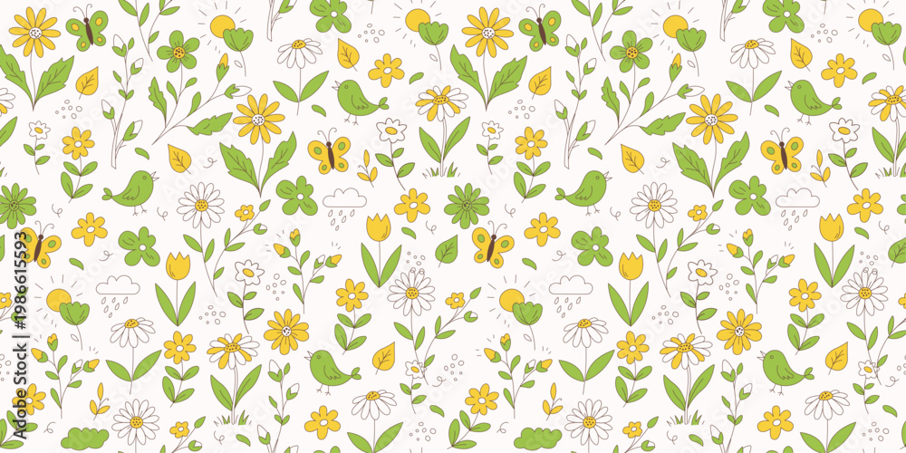Obraz premium Springtime Nature Seamless Pattern in Minimalist Line Art Style