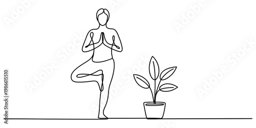 Continuous line drawing of a person in yoga tree pose next to a potted plant for wellness Vector, illustration