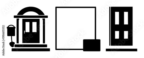 Doorstep delivery icon set with simple black line illustration on white background featuring doorstep, delivery box, arrow with package and hand