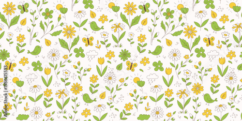 Springtime Nature Seamless Pattern in Minimalist Line Art Style