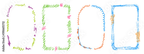 Clean childish borders with rough pencil texture and soft tones. Crayon kindergarten frame set for kids design, diplomas and photo frames.