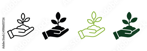 Ecology organic seedling line and silhouette icon set, environmental growth symbols, sustainable farming and plant care in hand concept, clean modern vector design.