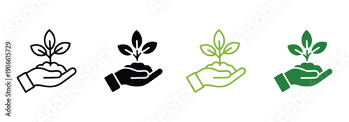 Ecology organic seedling line and silhouette icon set, environmental growth symbols, sustainable farming and plant care in hand concept, clean modern vector design.