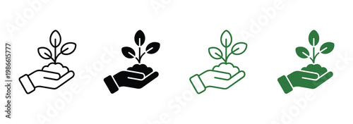 Ecology organic seedling line and silhouette icon set, environmental growth symbols, sustainable farming and plant care in hand concept, clean modern vector design.