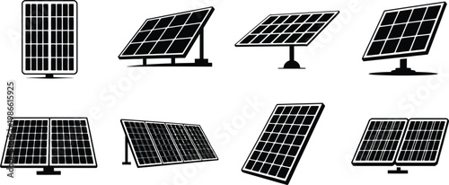 Solar panels, photovoltaic cells, renewable energy icons, black and white vector graphics