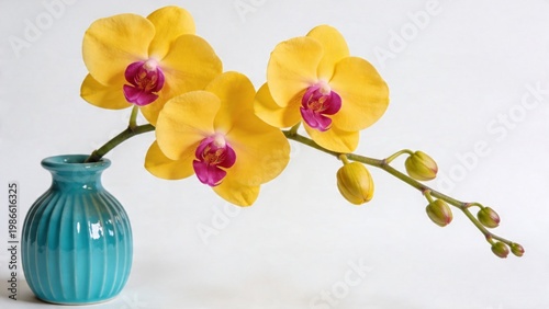  features a minimalist still life composition with a focus on a vibrant yellow orchid. The orchid has three fully bloomed flowers and several buds, displaying a striking contrast with its bright yello