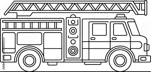 Fire truck, emergency vehicle, rescue truck, line art illustration, black and white