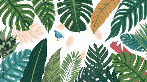 Tropical Canopy: A whimsical illustration showcases a vibrant array of tropical leaves, creating a lush, immersive environment, complemented by a delicate bird.
