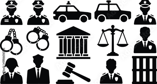 law enforcement icons, police symbols, justice signs, legal graphics, 13 black silhouette vector graphics