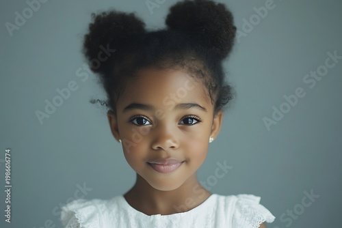 Adorable Little African American Girl with Space Buns, Wearing a White Dress