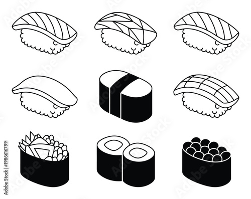 A Collection of Stylized Sushi Icons in Black and White