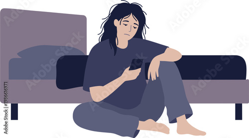 Woman sits on floor beside bed, holding phone, looking relaxed at home