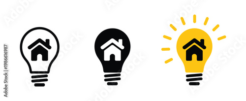 Energy saving lamp with house logo symbolizing eco home sustainability, environmental protection concept, green electricity and efficient lighting vector illustration.